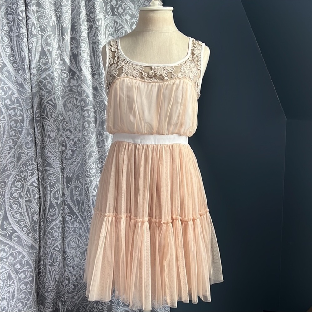 Francescha’s Lace & Tulle Cocktail Mini Dress- Champagne Cream Color Small